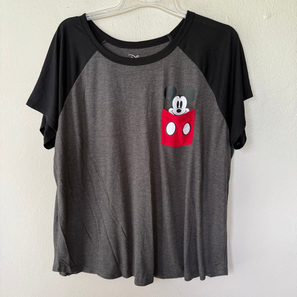 Disney Mickey Mouse Pocket Graphic Raglan T-Shirt Gray Black Women’s Plus 2X